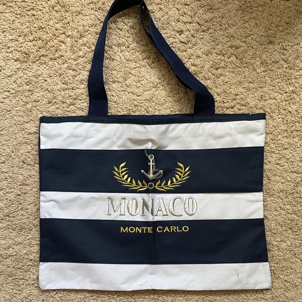 Monaco Navy and White Striped Embroidered Tote Bag